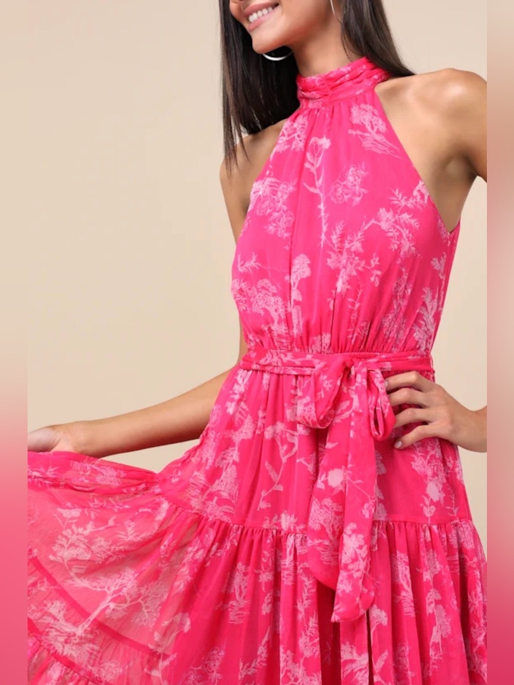 Lulus Float to You Hot Pink Floral Print Halter-Neck Tiered Midi Dress in Size S - Picture 2 of 9